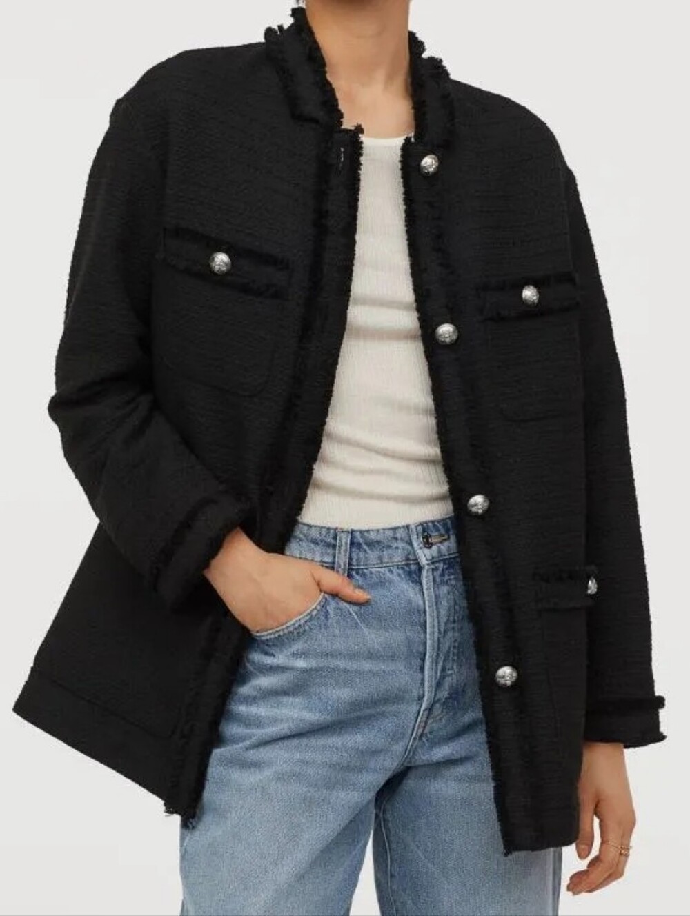 H&M Textured Weave Tweed Jacket Frayed Fringe Trim Black XXL Women Old Money